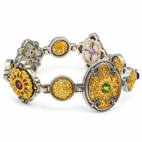 Byzantine Style Natural Gemstones Beaded Bracelet: Oxidized & 18K Gold-Filled Sterling Silver