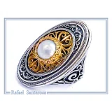 Byzantine Floral Queen Size Natural Pearl Ring: Oxidized Sterling Silver and 18K Gold Filled