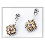 Byzantine Genuine Gemstones Silver Earrings: 18K Gold Filled Filigree on oxidised silver base