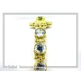 18K Gold Beaded Bracelet Handcrafted Byzantine Cross Filigree: Natural Genuine Sky-Blue Topaz Gemstones