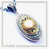 Natural Pearl on Byzantine Ornaments Pendant: Oxidized Sterling Silver and 18 Karat Gold Filled