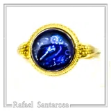 Athena Owl Coin Tetradrachm Ring: Blue Transparent Enamel on 18K Gold-Filled Filigree Sterling Silver