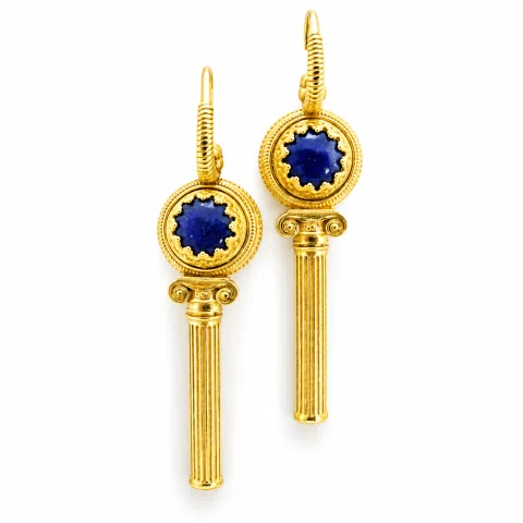 Natural Lapis Lazuli Greek Column Museum Earrings: Sterling Silver 18K Gold Filled Filigree Bezel