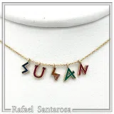 Personalized "Susan" Name Necklace: Multicolored Enamel on Greek Font Letter Silver 18K Gold Filled