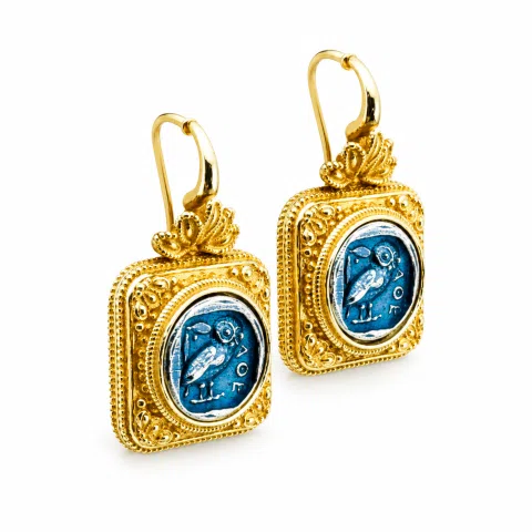 Athena Owl Coin Greek Museum Earrings: 18K Gold Filled Filigree and Oxidised Sterling Silver
