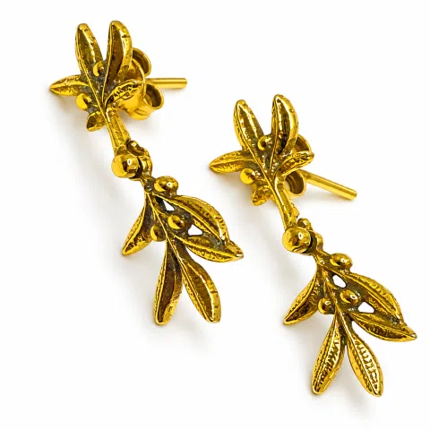 18K Gold Filled Sterling Silver Olive Branch Dangle Earrings: Floral Olive Greek Jewelry