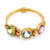 Byzantine Filigree Handmade Beaded Gemstones Ring 18K Gold: Genuine Amethyst, Topaz, Peridot, Garnet