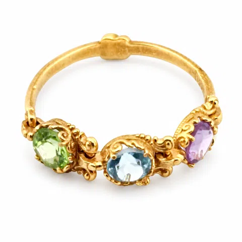 Byzantine Filigree Handmade Beaded Gemstones Ring 18K Gold: Genuine Amethyst, Topaz, Peridot, Garnet