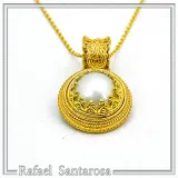 Natural Pearl Necklace: Ancient Greek style Filigree 18K Gold-Filled Pendant