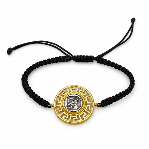 Owl Coin Tetradrachm with Greek Key Macrame Bracelet, 18K Gold Filled & Oxidized Sterling Silver