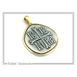 Protection Cross Pendant ICXC NIKA: Oxidized Silver Constantinato Coin on 18k Solid Gold Charm