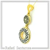 Greek Key & Greek Flower Dangle Necklace: Oxidized Sterling Silver Meander in 18K Gold-Filled Base