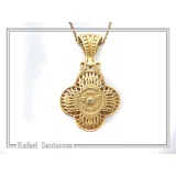18K Solid Yellow Gold Byzantine Cross Filigree Pendant: Natural Sky-Blue Topaz Handmade Necklace