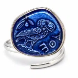 Athena Owl Coin Tetradrachm Ring Museum Replica: Transparent Blue Enamel on Sterling Silver Coin