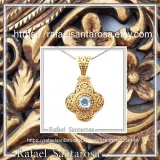 18K Solid Yellow Gold Byzantine Cross Filigree Pendant: Natural Sky-Blue Topaz Handmade Necklace