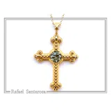 18K Solid Gold Natural Brilliant Cut Sky Blue Topaz Byzantine Filigree Cross Pendant