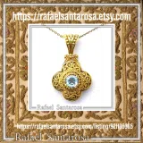 Byzantine Cross Sky-Blue Topaz Pendant: Handmade Filigree 18k Gold Filled Sterling Silver Necklace