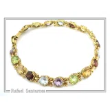 Multi Genuine Gemstone Beaded Bracelet: 18K Solid Gold Byzantine Filigree Tennis Bracelet