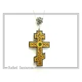 Russian type Orthodox Cross: Sky Blue Topaz, Oxidized & 18K Gold Filled Silver Byzantine Filigree