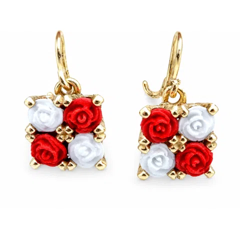 Red & White Roses Rose Flowers Shaped Alabaster Gems Drop Earrings: Sterling Silver 18K Gold-Filled