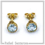 18K Solid Gold Filigree Earrings with Natural Sky-Blue Topaz Brilliant Cut and Byzantine Decoration