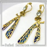 Art Nouveau Dragonfly feather Sterling Silver Earrings Gold Filled Blue Enamel Sky Blue Topaz Handmade Jewelry