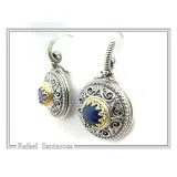 Lapis Lazuli Earrings Byzantine Ornaments Decorated with Filigree Bezel: Oxidized and Gold-Filled Sterling Silver