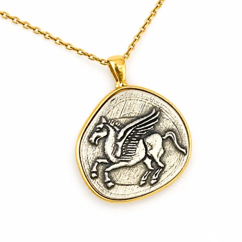 Pegasus winged horse Silver Coin Pendant: Oxidized silver, Greek Mythology Charm