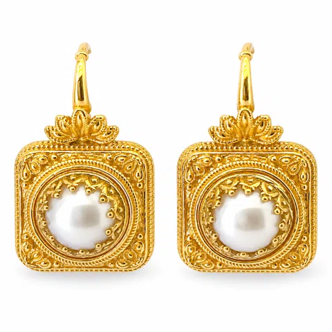 18K Solid Gold Filigree Classic Earrings, Natural Freshwater Pearl: Special Day Jewelry for her