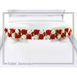 Tennis bracelet with red & white rose flowers on square beads. 18K gold filled silver