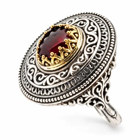 Dark Red Genuine Garnet Byzantine Style Ring: Oxidized Sterling Silver & 18K Gold Filled Bezel