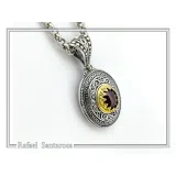 Natural Red Garnet Byzantine Filigree Pendant: Oxidized and 18k Gold Filled Sterling Silver