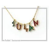 Personalized "Susan" Name Necklace: Multicolored Enamel on Greek Font Letter Silver 18K Gold Filled