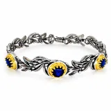 Natural Lapis Lazuli Olive Leaf Floral Beaded Bracelet: Oxidized and 18K Gold Filled Silver