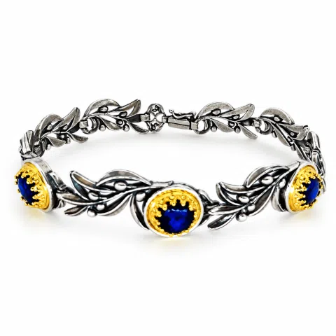 Natural Lapis Lazuli Olive Leaf Floral Beaded Bracelet: Oxidized and 18K Gold Filled Silver