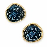 Oxidized Sterling Silver Athenian Tetradrachm Owl Earrings: Athena Coin Studs with Sky Blue Enamel