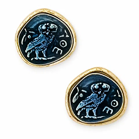 Oxidized Sterling Silver Athenian Tetradrachm Owl Earrings: Athena Coin Studs with Sky Blue Enamel
