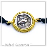 Owl Coin Bracelet Macrame Cord 18K Gold Filigree Base, Oxidized Sterling Silver Tetradrachm coin