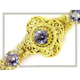 18K Gold Beaded Bracelet Handcrafted Byzantine Cross Filigree: Natural Genuine Sky-Blue Topaz Gemstones