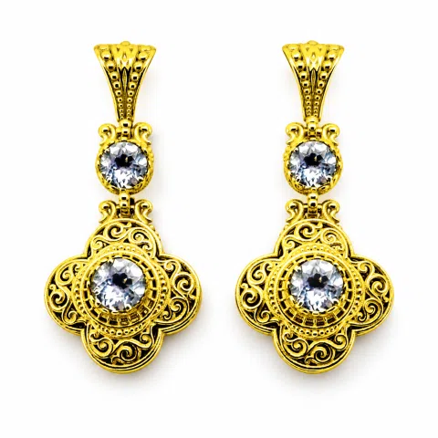 18K Solid Gold Filigree Byzantine Dangle Earrings with Natural Sky-Blue Topaz Brilliant Cut