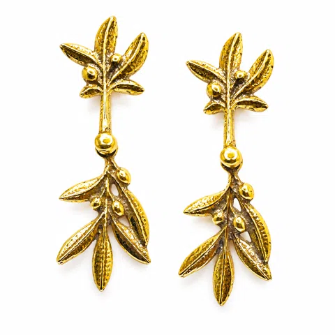 18K Solid Gold Olive Branch Dangle Earrings: Greek Nature Floral Jewelry Peace Symbol