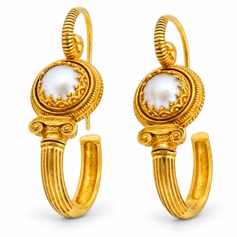 Ancient Greek Ionian Temple Column Natural Pearl Hoop Earrings Gold Filled Silver: Museum Jewelry