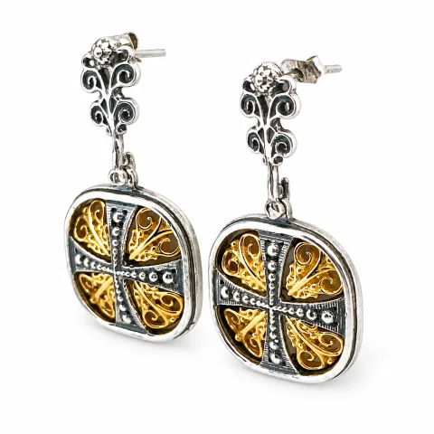 Byzantine Empire Orthodox Cross Earrings: Sterling Silver Oxidized & 18K Gold-Filled Filigree