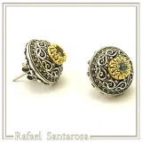 Byzantine Filigree Genuine Blue Topaz Stud Earrings: Oxidised & 18K Gold Filled Sterling Silver