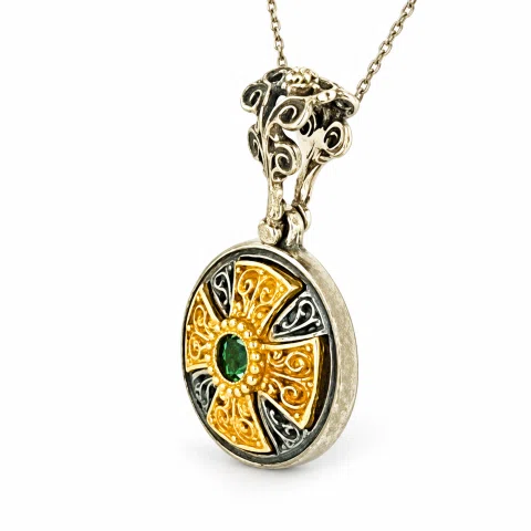 Natural Sky-Blue Topaz Cross Pendant: Sterling Silver 18K Gold Filled Byzantine Filigree