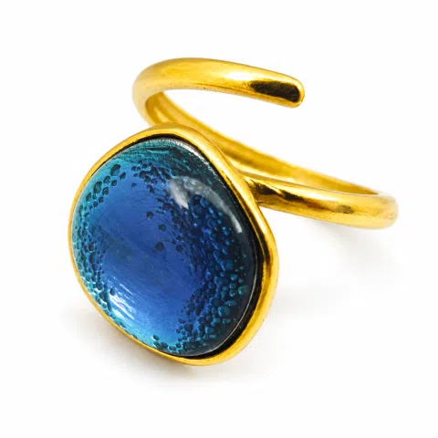 Sea Blue Transparent Enamel Adjustable Ring: Sea Rock Design Sterling Silver 18K Gold Filled