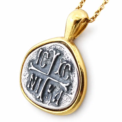Protection cross coin Jesus Christ Wins necklace Christogram talisman Constantinato pendant oxidized sterling silver.