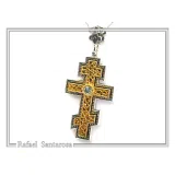 Russian type Orthodox Cross: Sky Blue Topaz, Oxidized & 18K Gold Filled Silver Byzantine Filigree