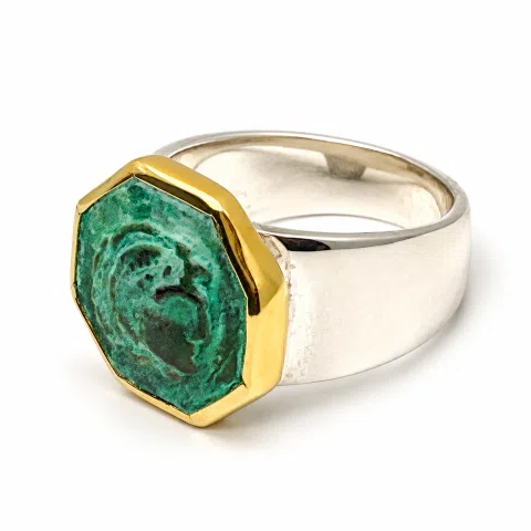 Alexander the Greek Coin Ring, 14K Gold Bezel, Oxidised Copper, Sterling Silver Band, Museum Jewelry