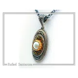 Natural Pearl on Byzantine Ornaments Pendant: Oxidized Sterling Silver and 18 Karat Gold Filled